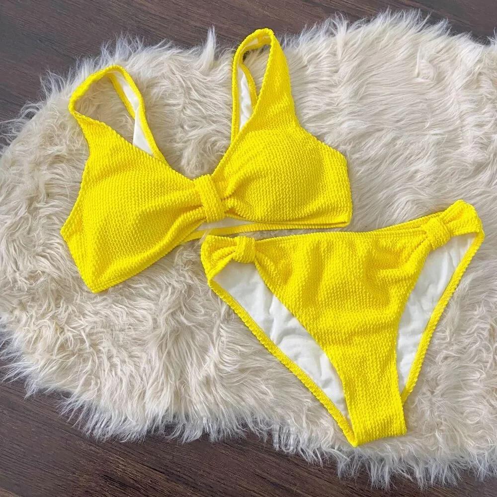 Nwot Yellow Scrunched Waffle Textured Bikini Two Piece Swim L